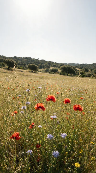 Biodiverse meadow filled with flowers under clear sky - AI-generated stock image