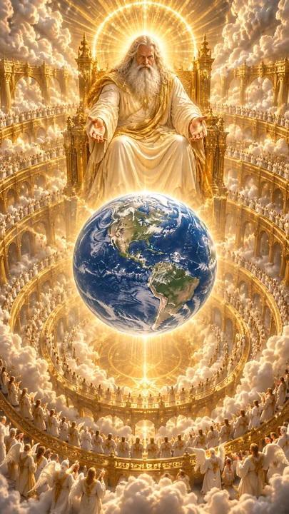 Jesus Christ in a divine setting with the world below - AI-generated stock image