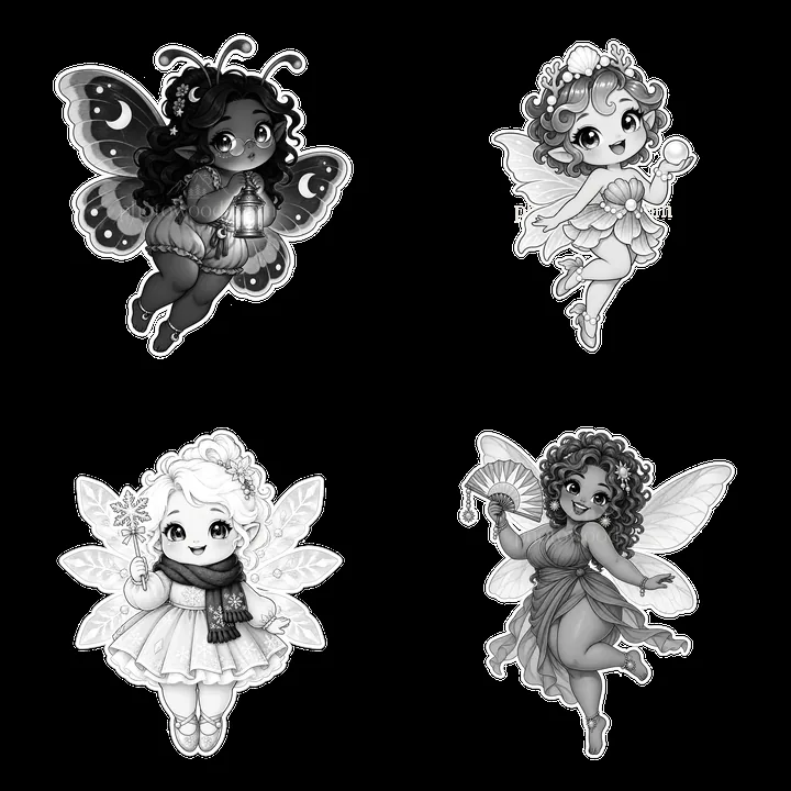 Kawaii chubby fairies in black-and-white sticker illustration - AI-generated stock image