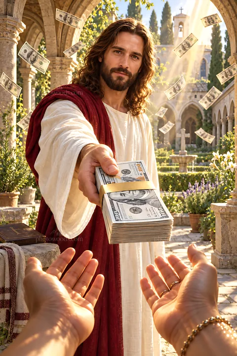 Man in white robe hands money in garden setting - AI-generated stock image