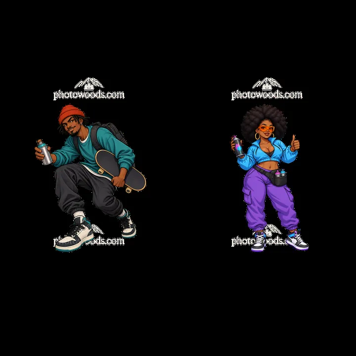 Cartoon graffiti sprayer and skateboarder in streetwear - AI-generated stock image