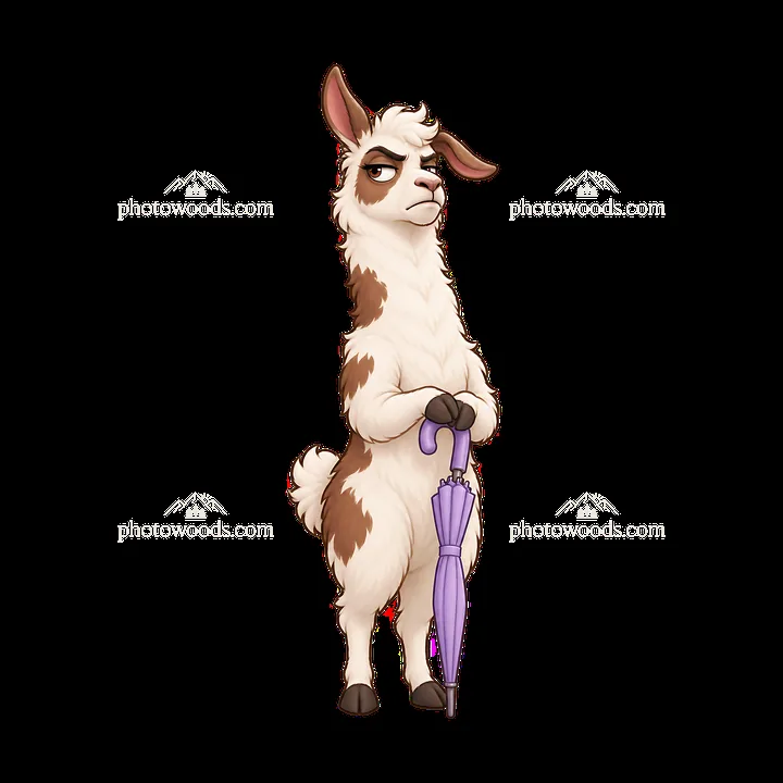 Grumpy llama holding a purple umbrella with a stern expression - AI-generated stock image