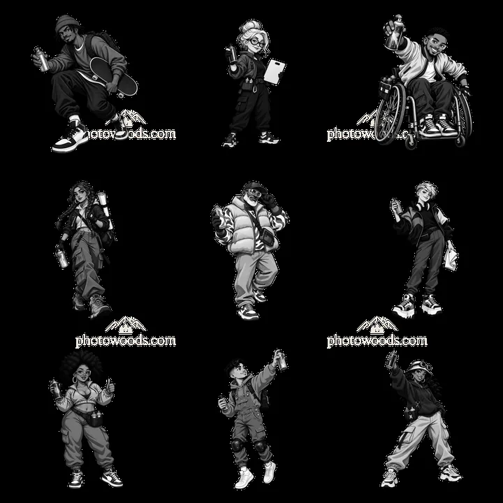 Graffiti sprayers showing urban style in black-and-white illustrations - AI-generated stock image