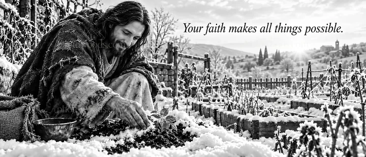 Jesus Christ working in a snowy garden - AI-generated stock image