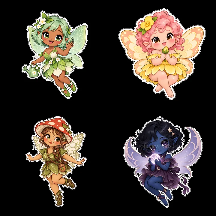 Kawaii chubby fairies in colorful outfits with cute accessories - AI-generated stock image