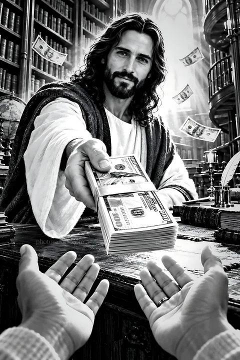 Light in the library with a man giving money - AI-generated stock image