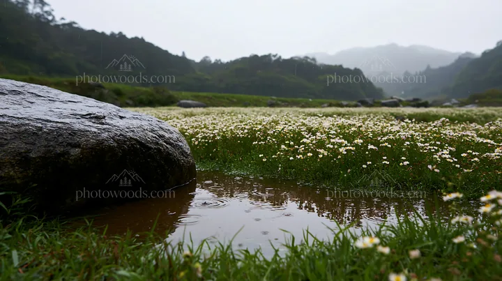 Hiroshima rainy meadow smooth rock foreground - AI-generated stock image