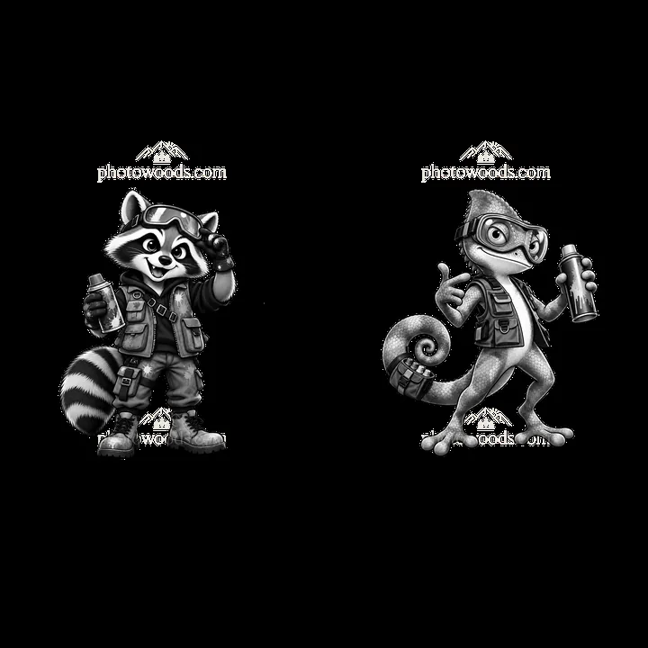 Raccoon and chameleon graffiti sprayers in monochrome style - AI-generated stock image