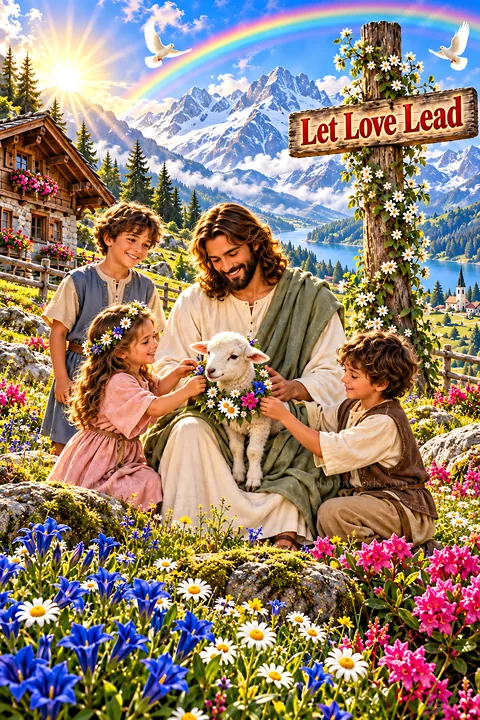 Gentleness in the Alpine Meadow with children and a sheep - AI-generated stock image