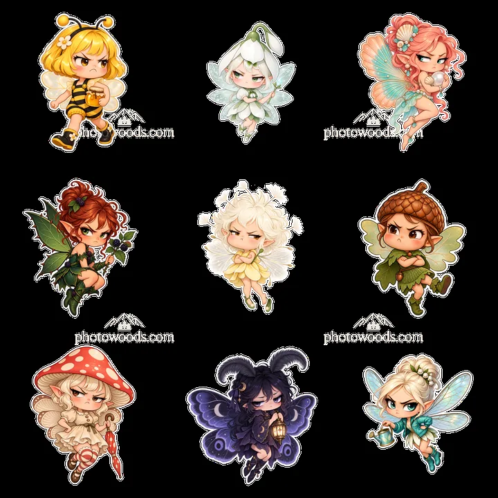 Kawaii Grumpy Fairy collection with diverse characters in grid - AI-generated stock image