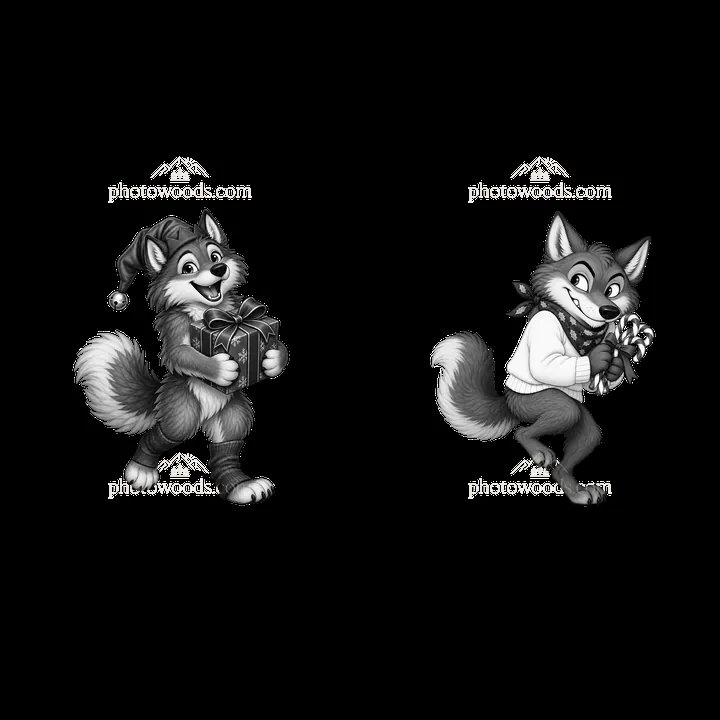 Christmas wolves carrying gifts and candy cane in monochrome - AI-generated stock image