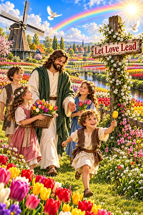 Joy at the tulip windmill - AI-generated stock image