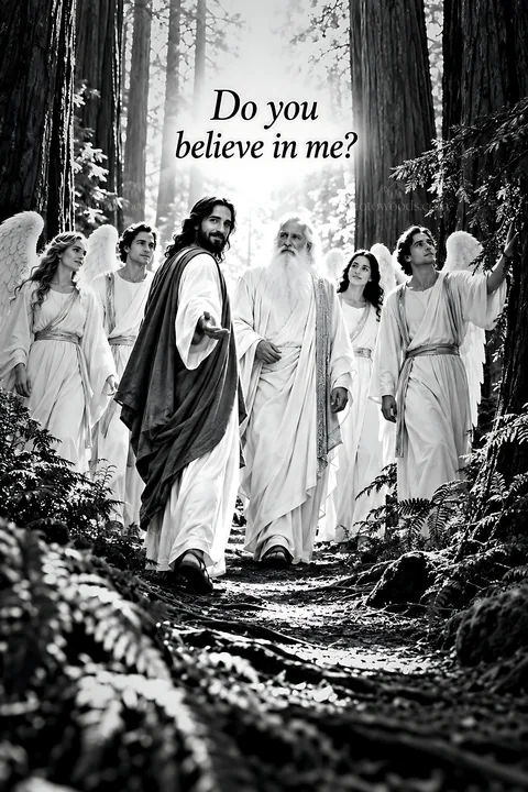 Do you believe in me quote with figures in a forest - AI-generated stock image