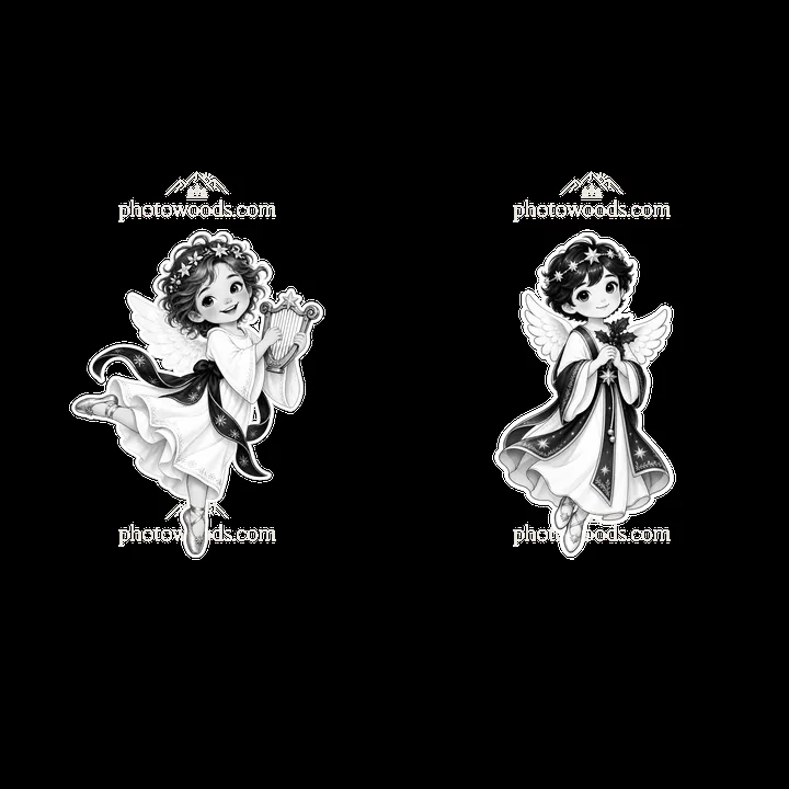 Christ Child cartoon angels playing harp and holding flowers - AI-generated stock image