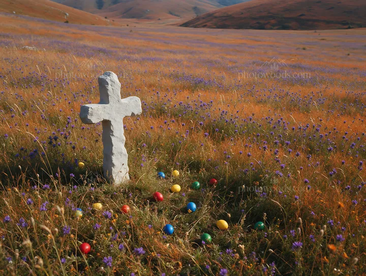 Aged Christian cross in autumn valley meadow - AI-generated stock image