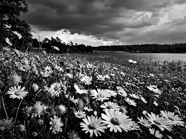 Black and white german lakeside meadow with flowers and cloudy sky - AI-generated stock image