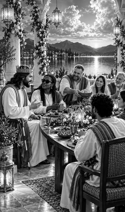 Jesus Christ sharing a meal with friends around a table - AI-generated stock image