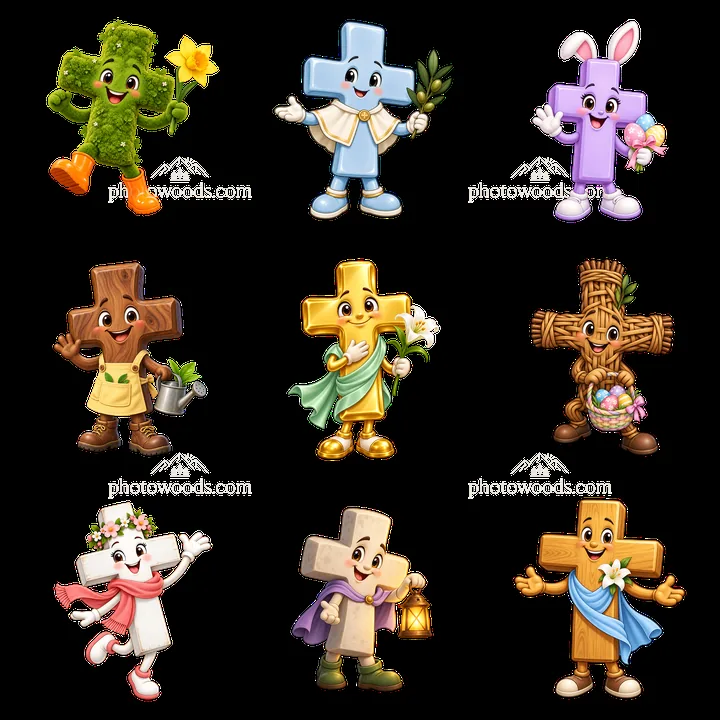 Easter themed cartoon crosses with characters in various actions - AI-generated stock image