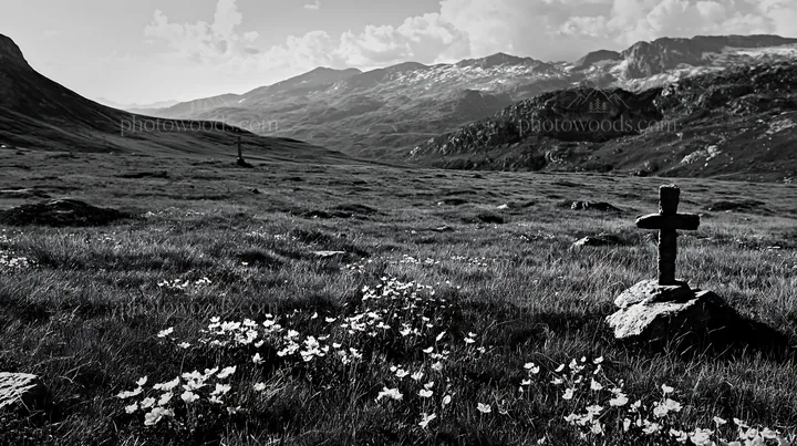 Stone Christian cross in alpine valley meadow - AI-generated stock image