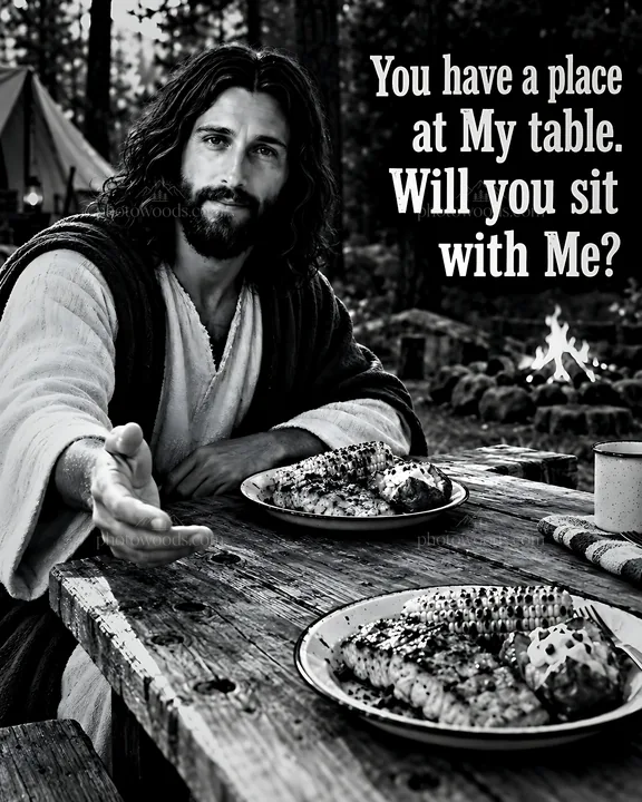Table under the pines with inviting gesture and food - AI-generated stock image