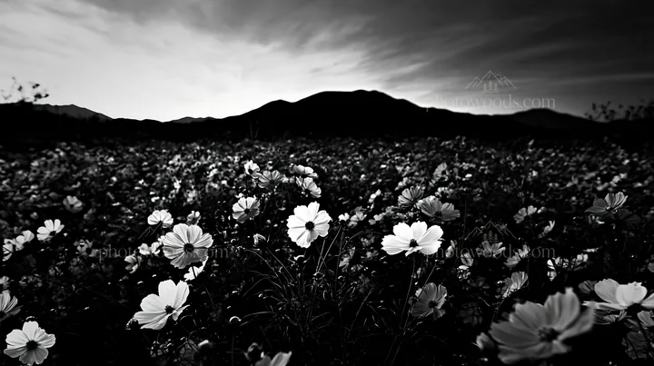 Black and white colorful cosmos meadow under a vibrant sunset sky - AI-generated stock image