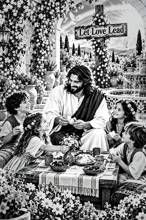 Grace in the courtyard with children enjoying food together - AI-generated stock image