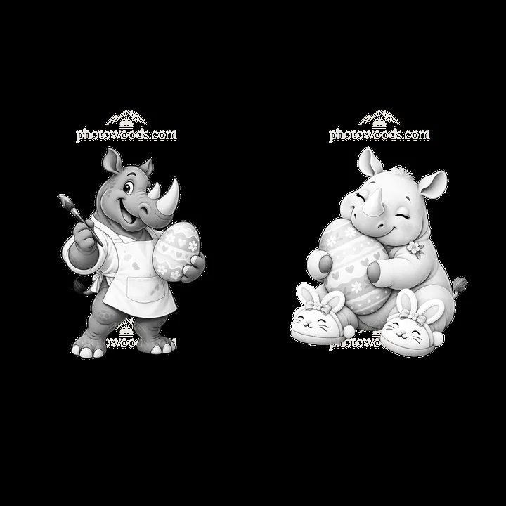 Easter rhinoceros characters painting and hugging eggs - AI-generated stock image