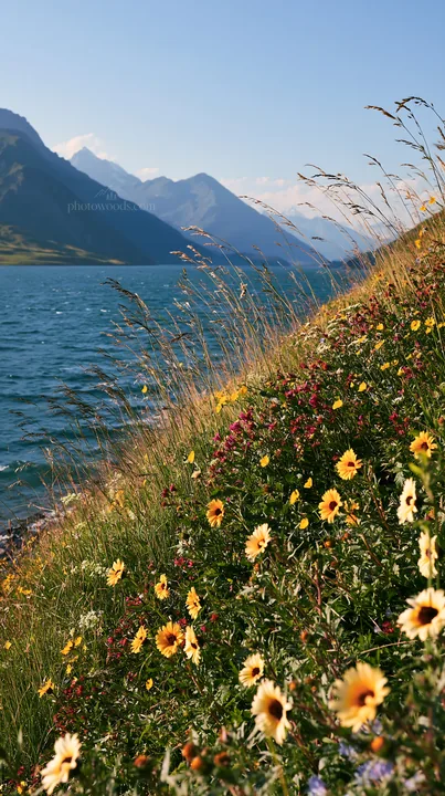 Swiss meadow beside alpine lake with wildflowers along the shore - AI-generated stock image