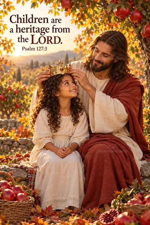 Jesus Christ placing a crown on a child's head - AI-generated stock image