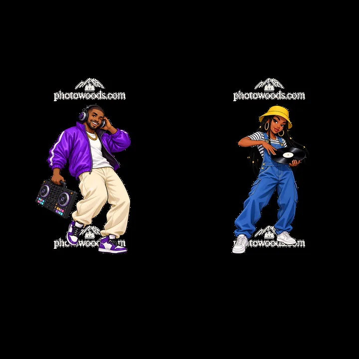 Hip-hop artists with DJ equipment and vinyl records - AI-generated stock image