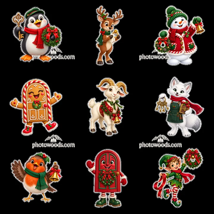 Christmas characters with festive elements arranged in a grid - AI-generated stock image
