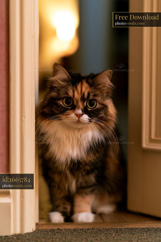 Bambino cat sits at the door inside a cozy home