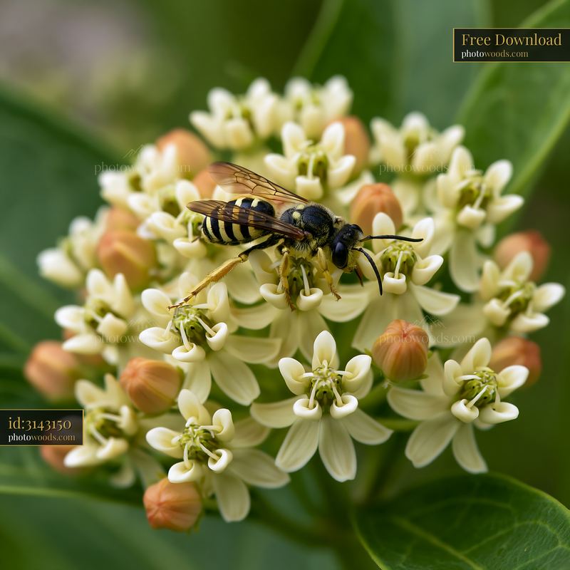 Milkweed flowers with bees in a natural garden setting