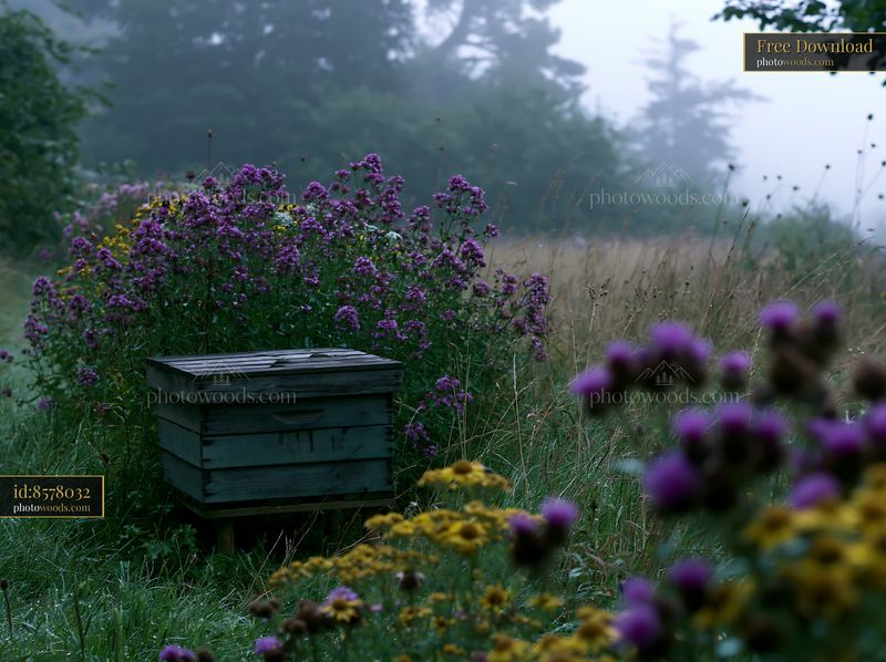 Meadow in morning mist with wildflowers and a beehive