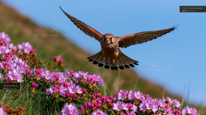 Rhododendron blooming hillside with a bird in flight