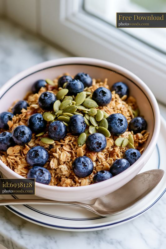Breakfast plate with muesli and berries on a marble table