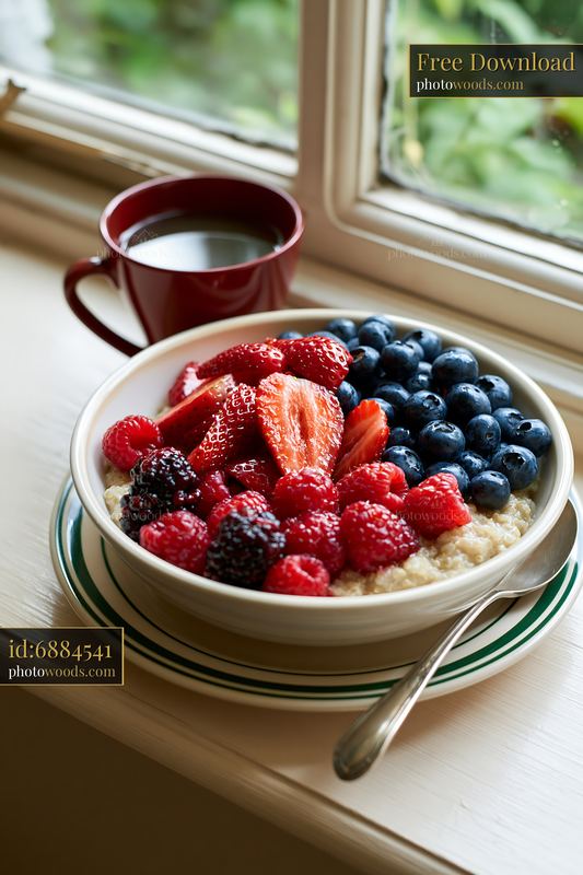 Breakfast plate with seasonal fruit and oatmeal by window