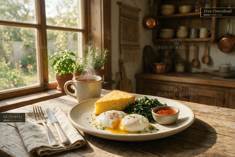 Breakfast plate with poached eggs and cornbread in a sunlit kitchen