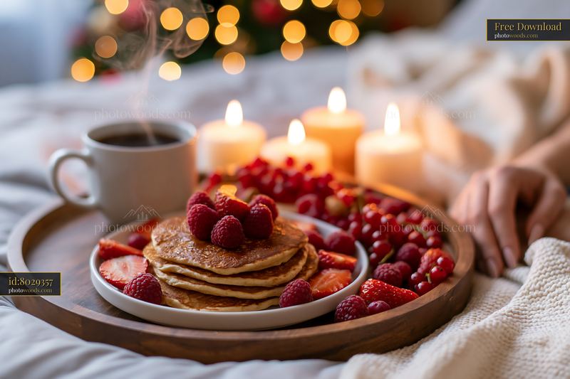 Pancakes and coffee on a tray with berries and candles