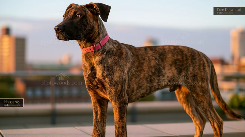 Brindle coat dog standing on rooftop during sunset