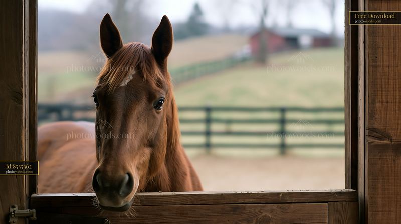 Horse looking through stable door on a sunny day