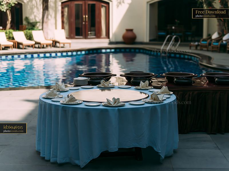 Poolside buffet table with dishes and decorative folding napkins