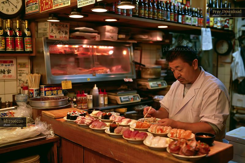 Traditional sushi breakfast in Japan at a local eatery