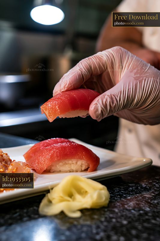 One sushi piece with pickled ginger on a serving plate