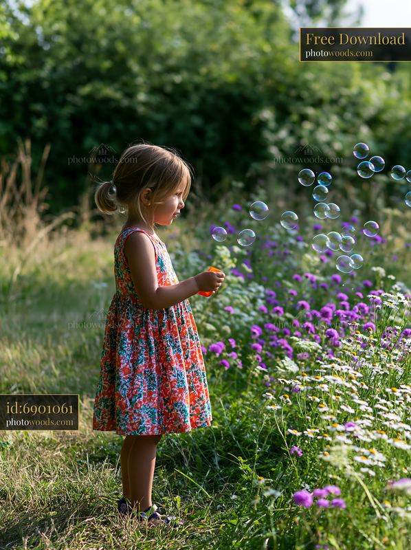 Child blowing bubbles in a meadow surrounded by hedgerows