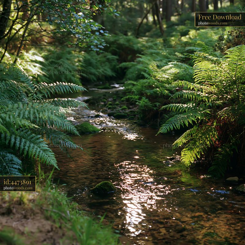 Clear stream flows through fern-covered woodland area