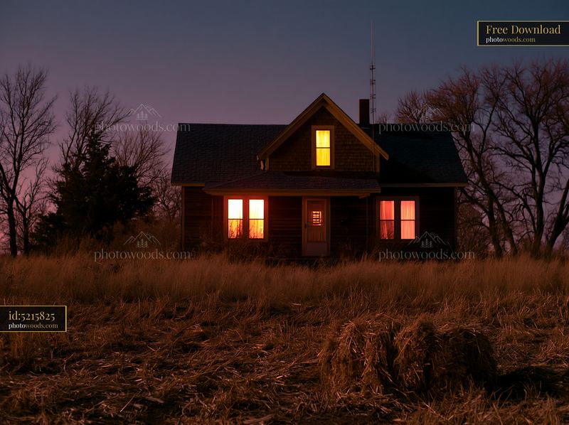 Country home under clear night sky with warm lights glowing