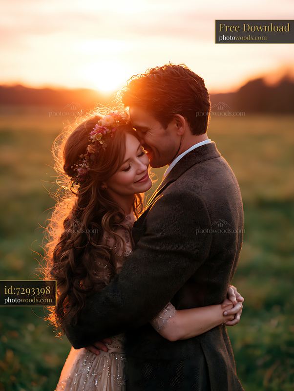 Newlywed couple embraces during sunset in a field