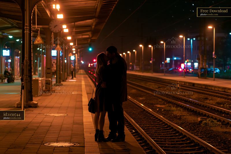 Couple kisses on a train platform at night under a starry sky