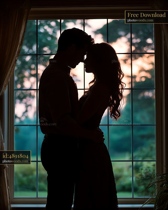 Couple embracing in silhouette by a window during sunset